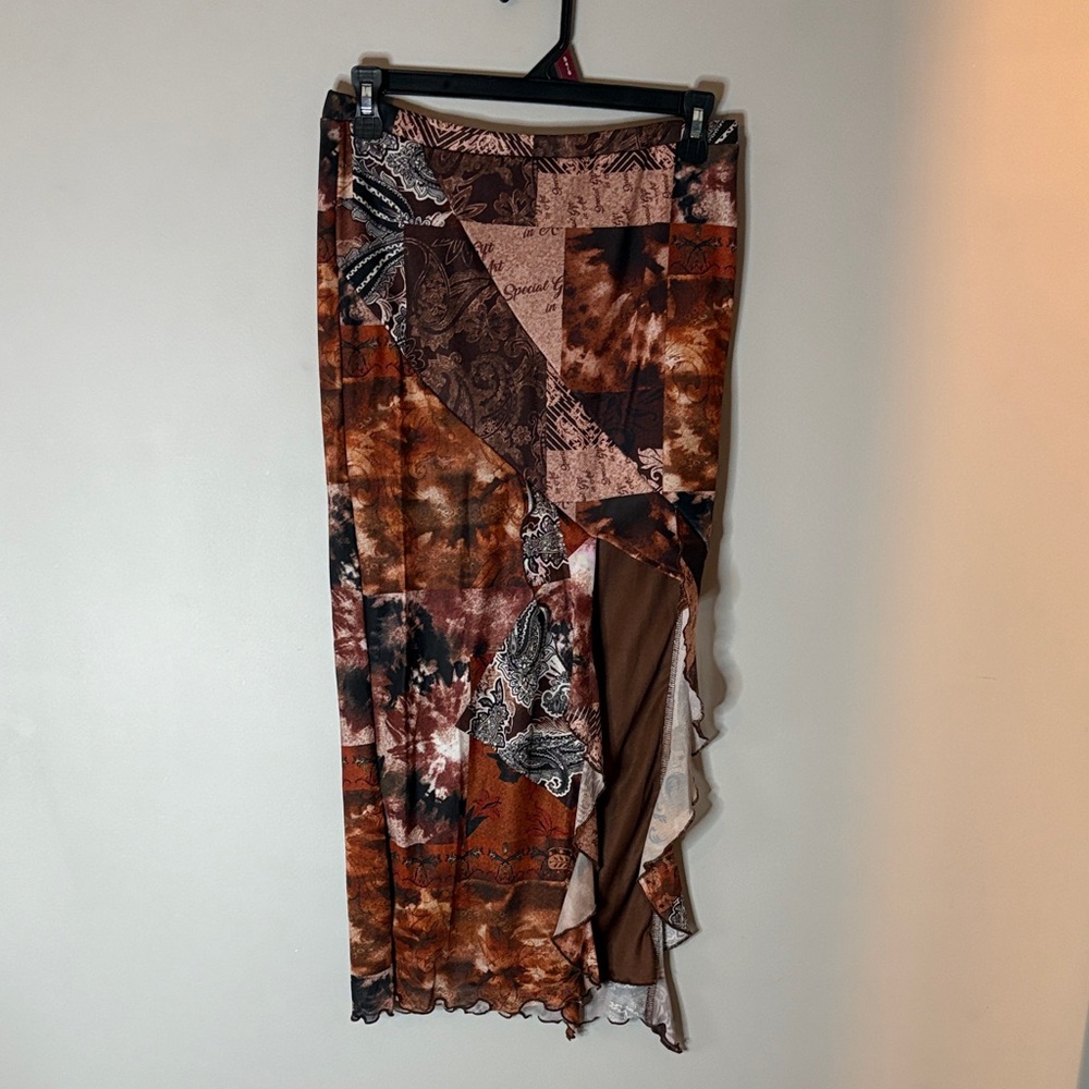 SHEIN Brown Patchwork Asymmetrical Ruffle Skirt